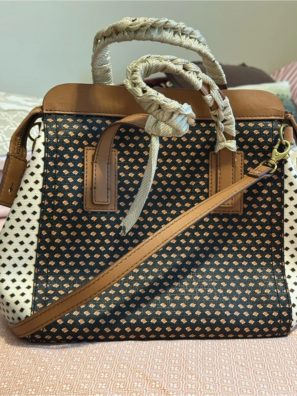 Fossil Black and Tan Patterned Satchel with White Sides